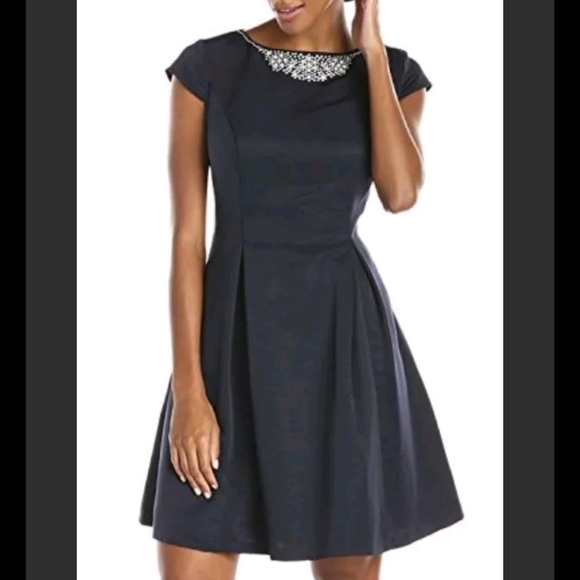 S.L. Fashions Dresses & Skirts - Navy Jewel Neck Cap Sleeve A-line Cocktail Dress Womens Petite Small (4-6)